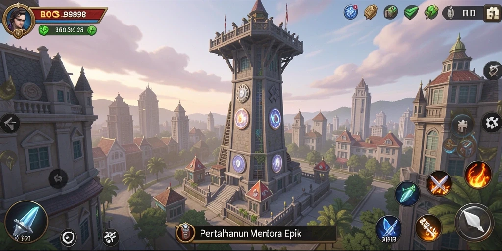 Screenshot gameplay menarik di <strong>BOS898</strong> menunjukkan menara beraksi melawan gelombang musuh.