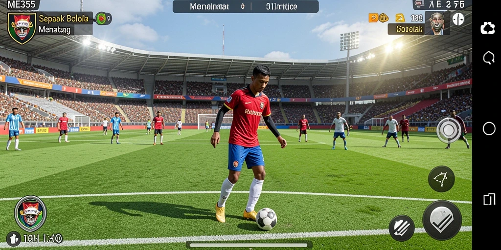 Screenshot dari gameplay ME355 menampilkan aksi sepak bola yang intens.