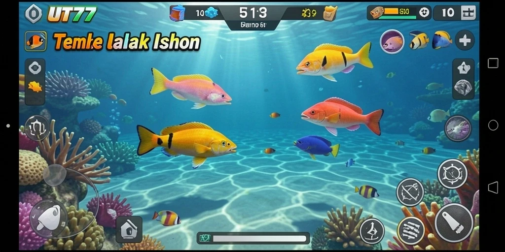 Tampilan gameplay seru di UT77 dengan aksi menembak ikan yang mendebarkan.